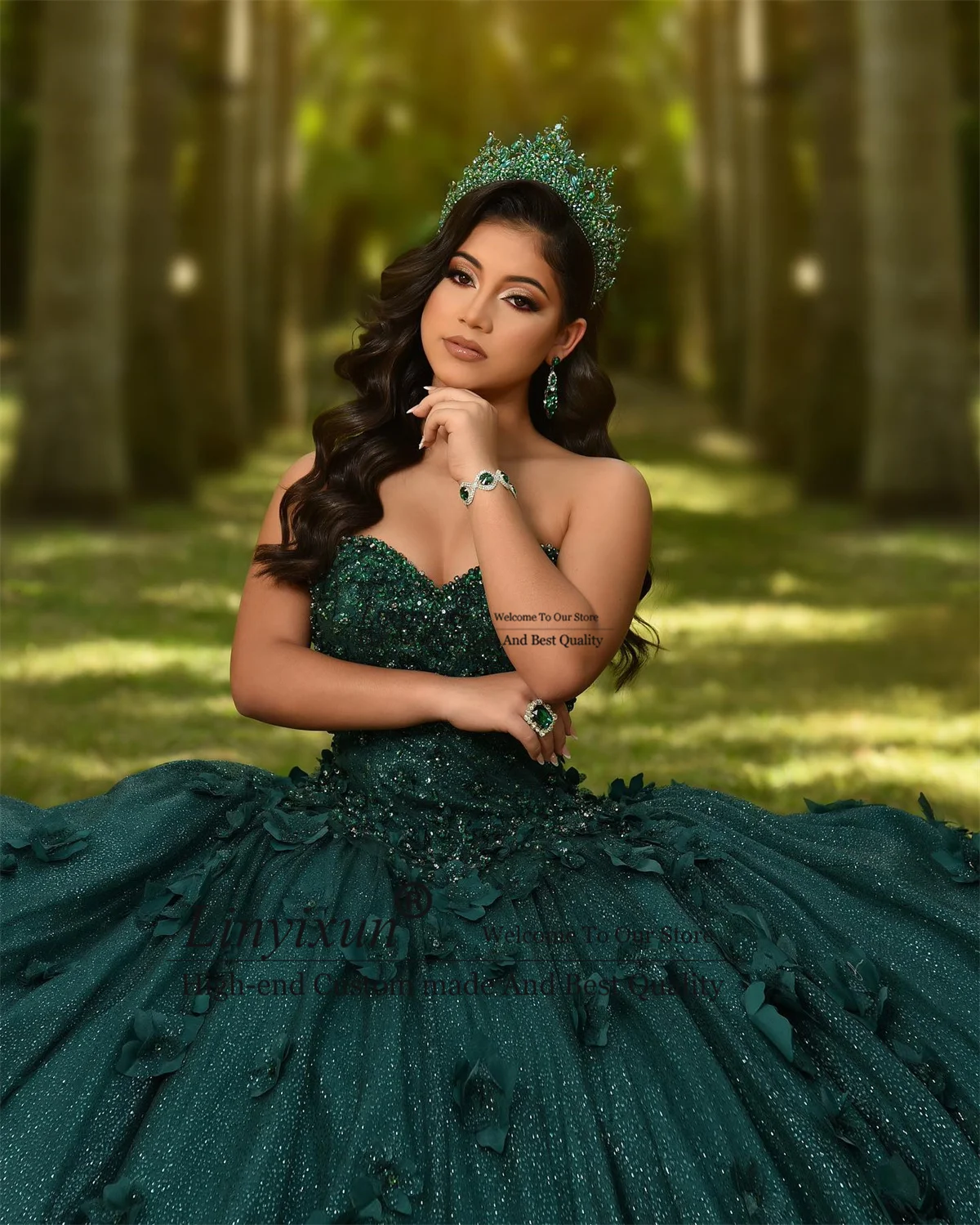 Green Ball Gown Quinceanera Dress Shiny Applique Lace Beading Crystals Corset Sweet 16 Birthday Lace Up Vestidos De 15 Años