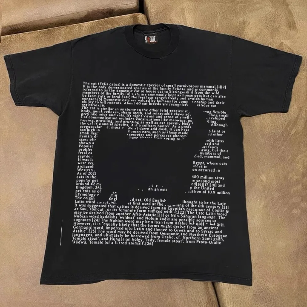 European Cute Letters Cat Print Pure Cotton T Shirt Men Women Summer Y2k Personality Cute Street Clothing Half Sleeved Tops