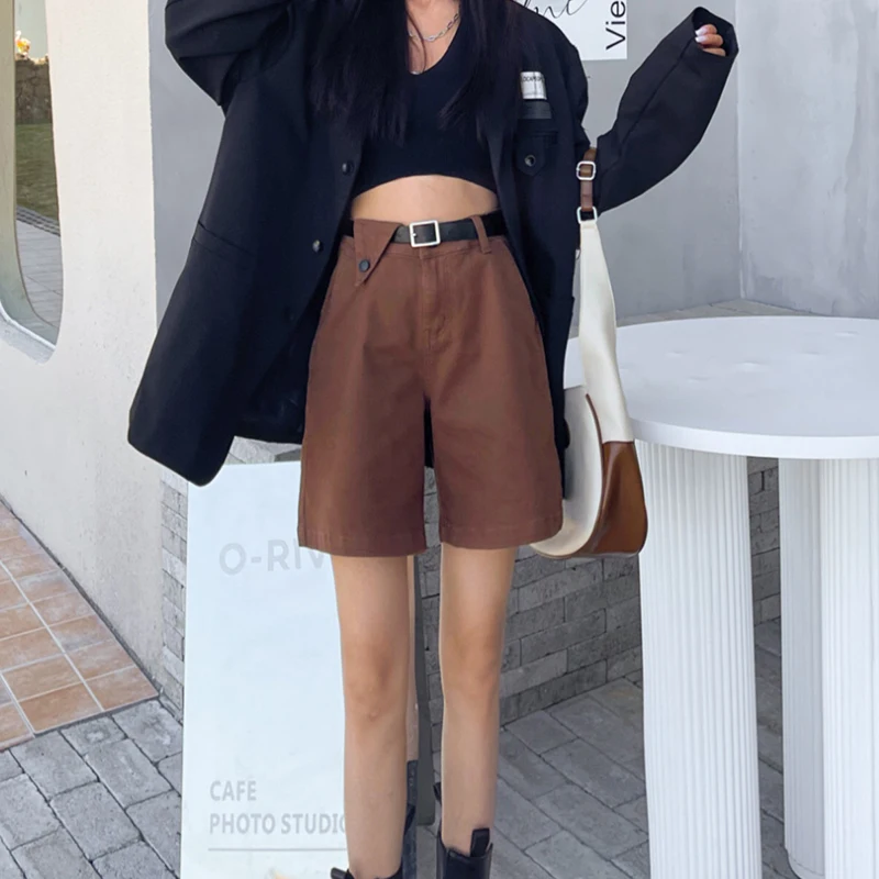 الصيف تمتد النساء الركبة الجينز واسعة السراويل حزام عالية الخصر فضفاض الشارع الشهير Y2K قصيرة الدنيم السراويل القهوة السوداء الإناث #5