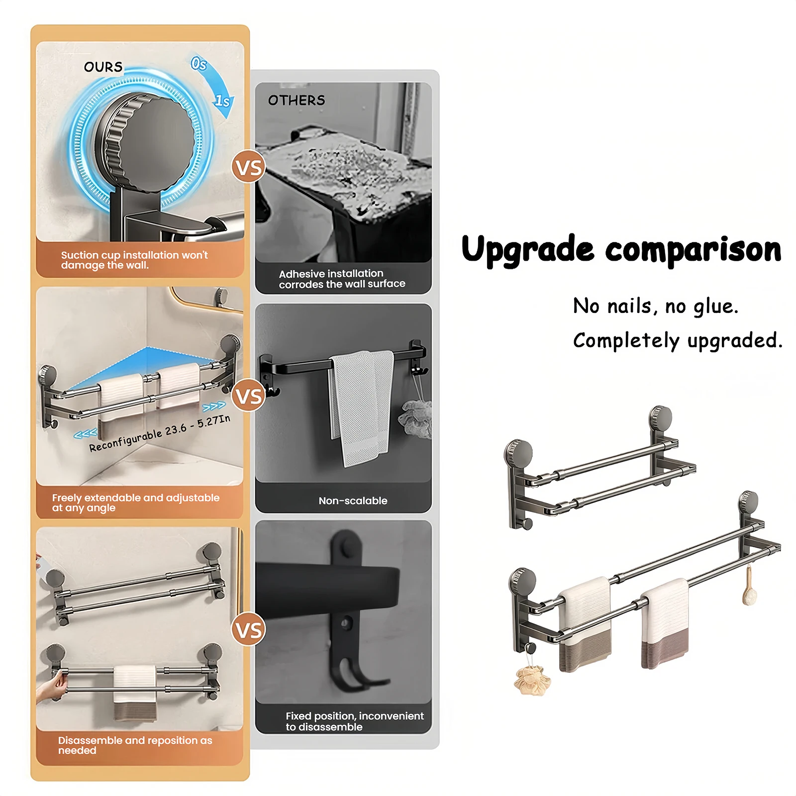 Suction Cup Towel Bar, Adjustable Towel Racks for Bathroom, Suitable for Bathroom Accessories, Kitchen and Hand Washing Station