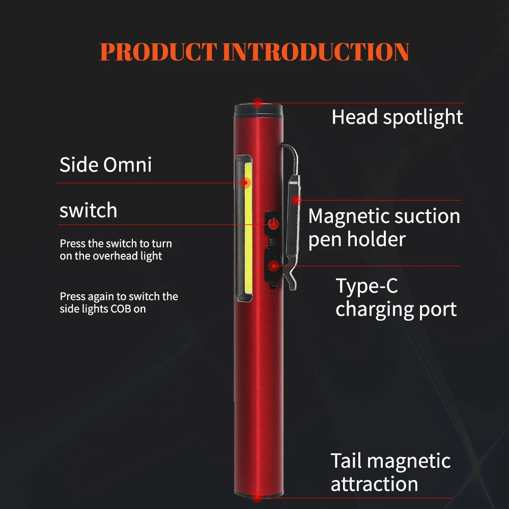 USB Rechargeable LED Flashlight Side COB Portable MINI Pen Clip Light Built In Battery Multifunctional Camping Emergency Lantern