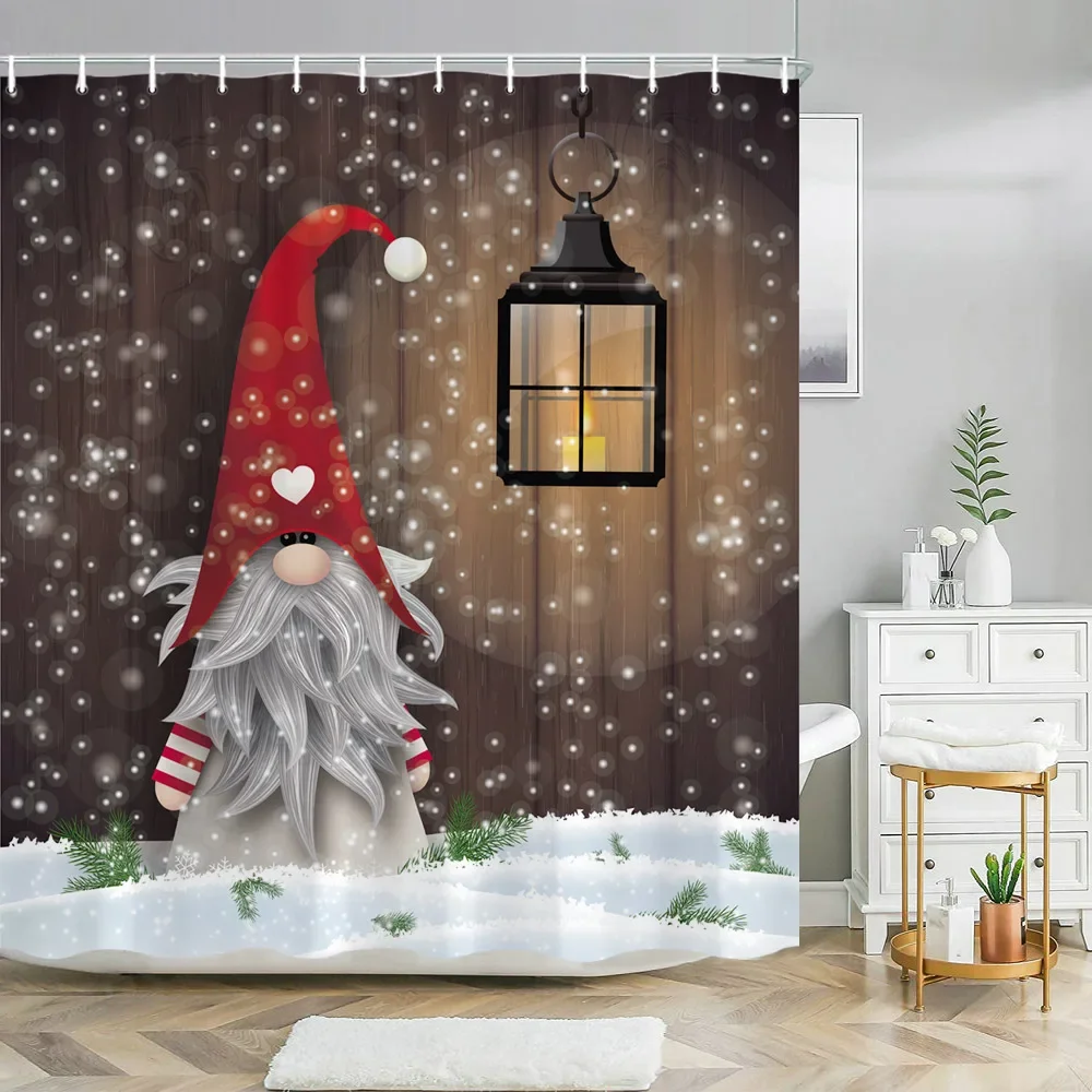 Red Christmas Shower Curtain Xmas Tree Print Bath Curtain Home Decor Winter Holiday New Year Home Bathroom Curtains with Hooks
