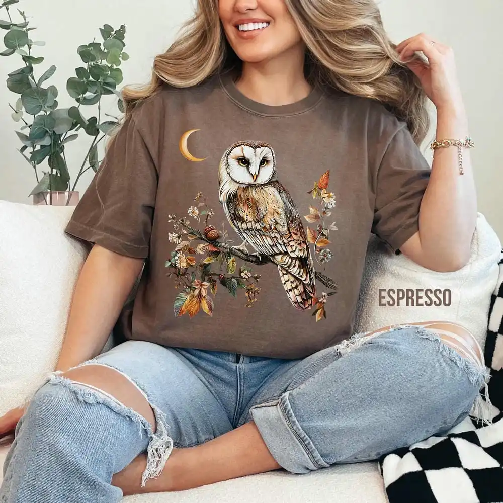 Vintage cottagecore coruja camiseta para mulher floral whimsigoth floresta escura academia camisa crewneck casual unisex y2k topo streetwear