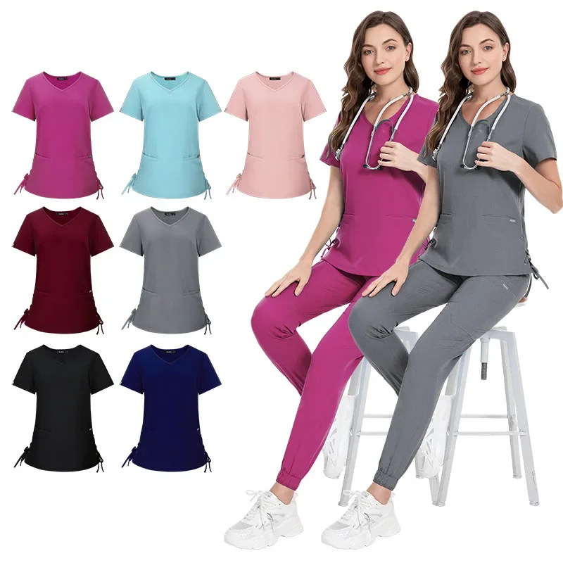 Nuovo vestito Ospedale Abito chirurgico Estetista Lavaggio a mano Vestiti Colletto sottile Infermiera Scrub Abbigliamento da lavoro Scrub Set