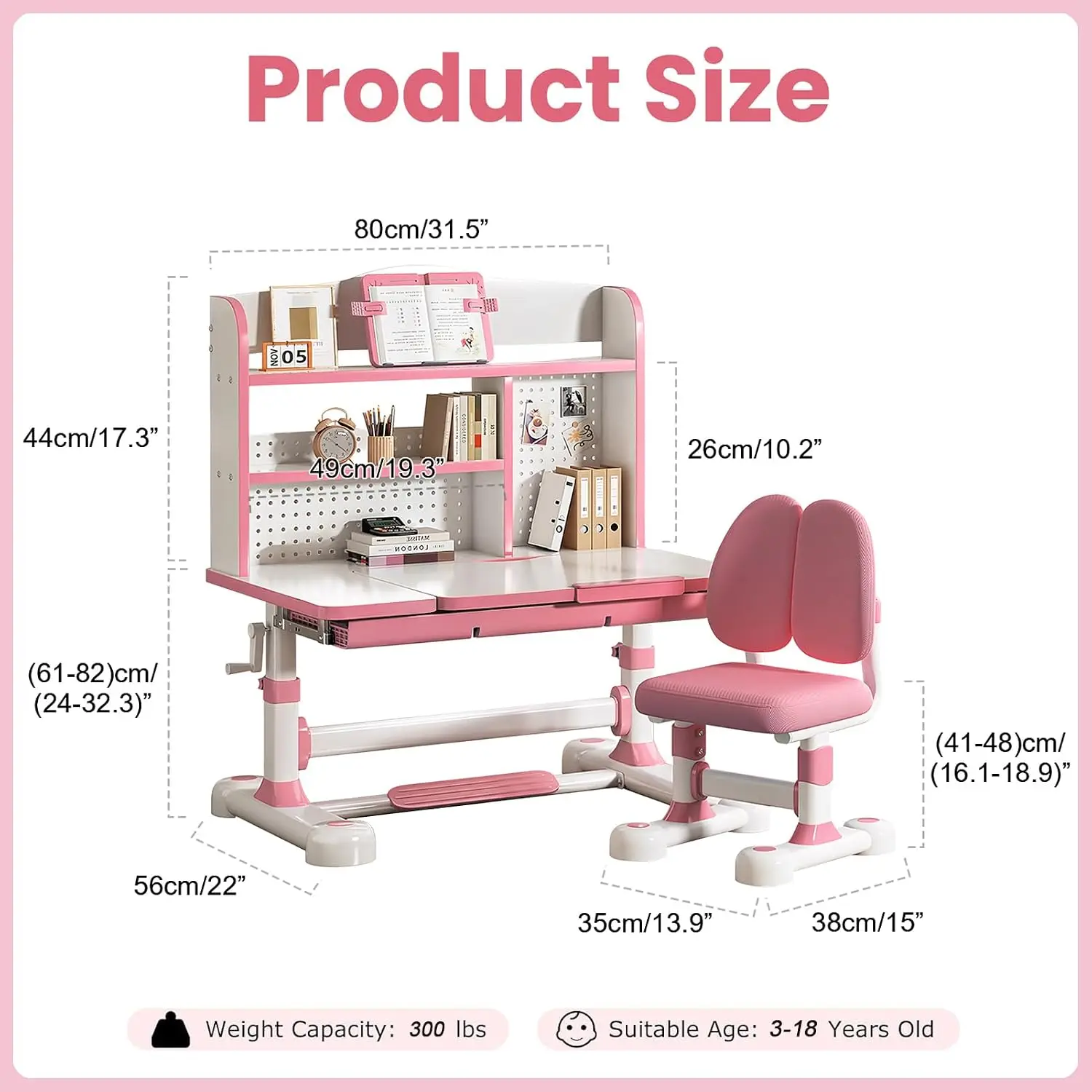 Height Adjustable Kids Study Desk Set Ergonomic Tiltable Desktop Crank Drawer Bookstand for Children 3-12, Customized image 6