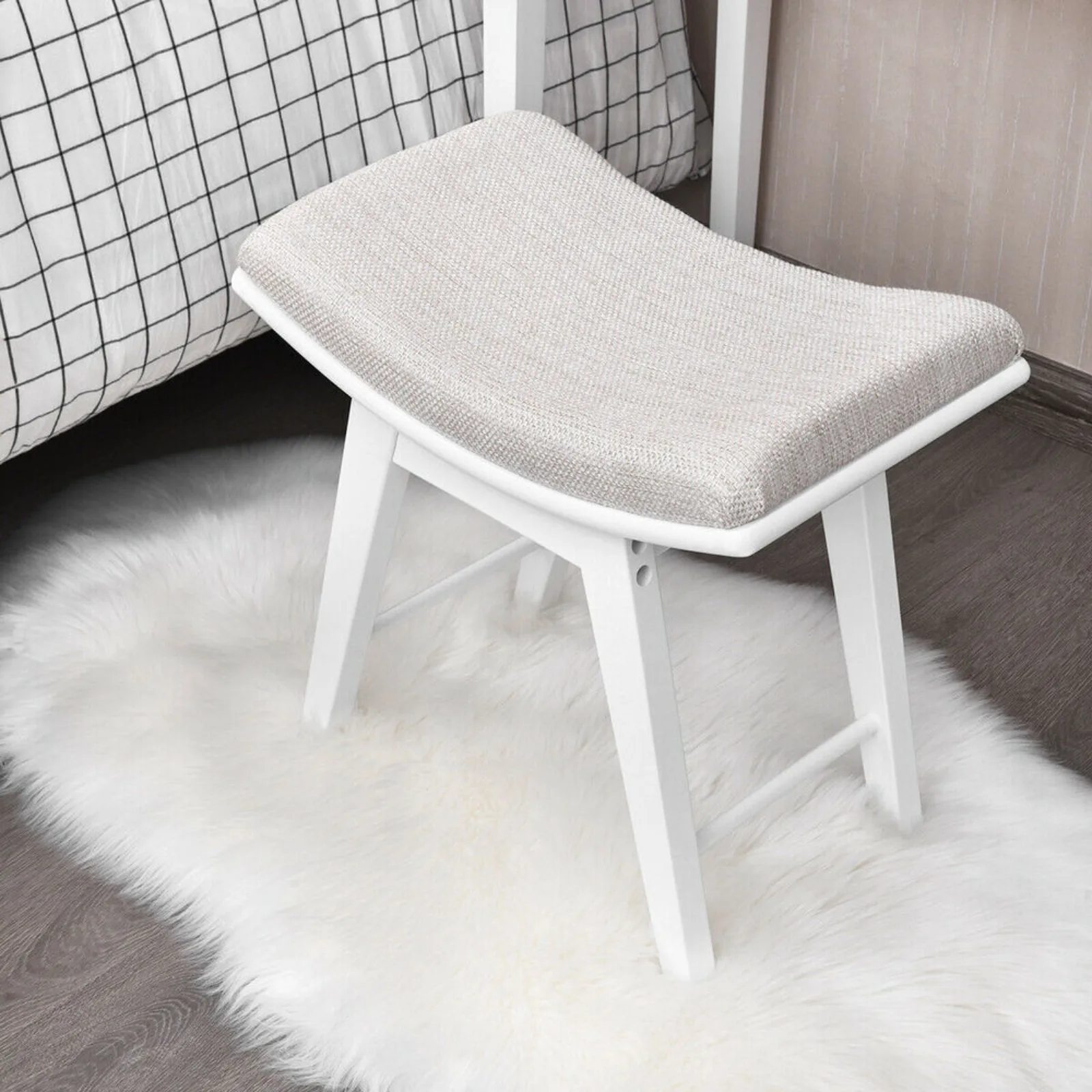 US Vanity Stool Modern Dressing Makeup Stool w/ Concave Seat Rubberwood Legs White