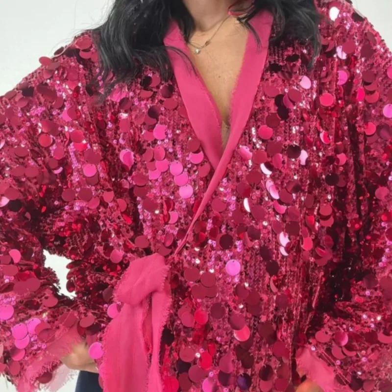 Women Sequin Long Sleeve Loose Jacket New Autumn Winter Lady Sexy V Neck Lace Up Club Coat Fashion High Street Patchwork Outwear