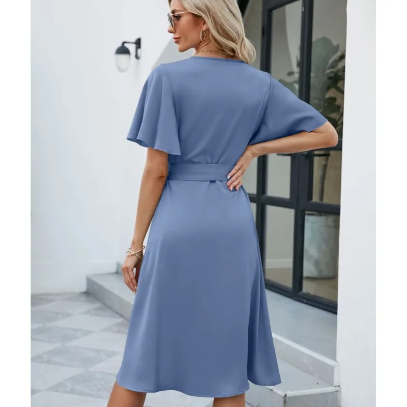 vestito estivo 2025 abiti para mujer abito sottoveste in raso solido Manica svasata Abito con spacco in vita con allacciatura abiti medi per donna
