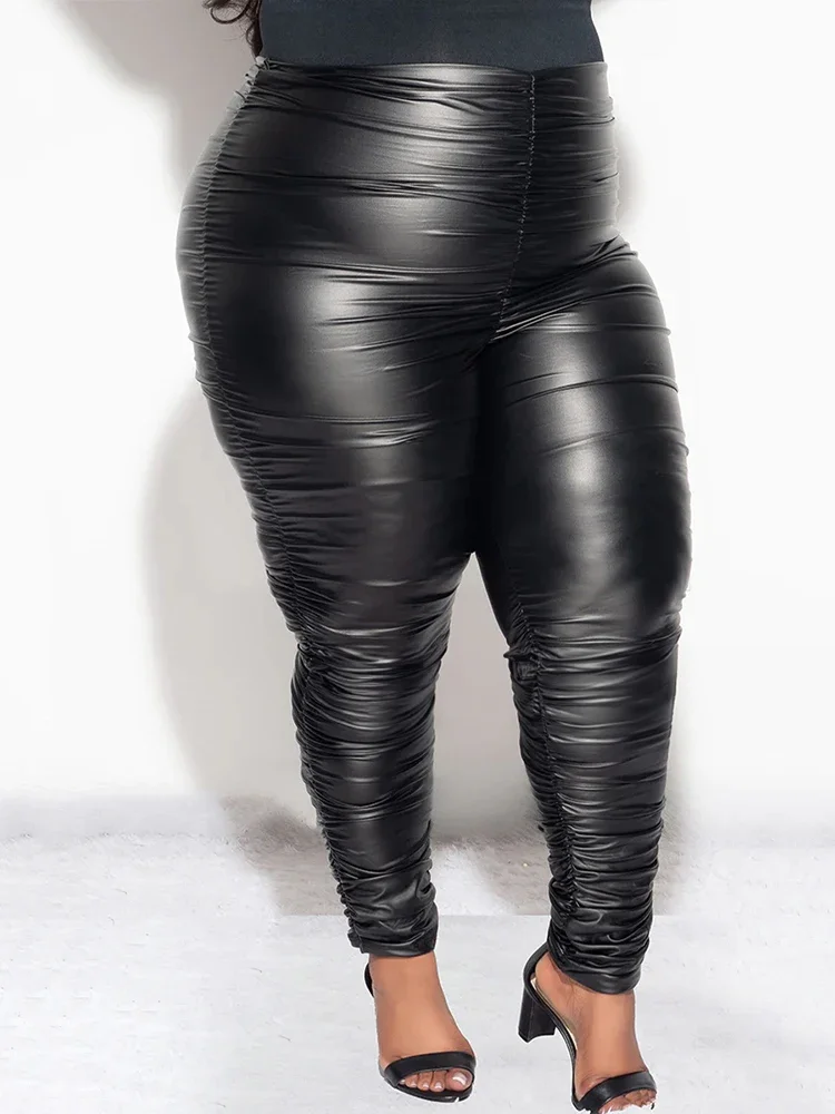 Women Plus Size Pleated Trouser 7XL Black Matte Leather Pencil Pants 8XL Ladies High Wiast Stretch PU Bodycon Pants 6XL Clubwear