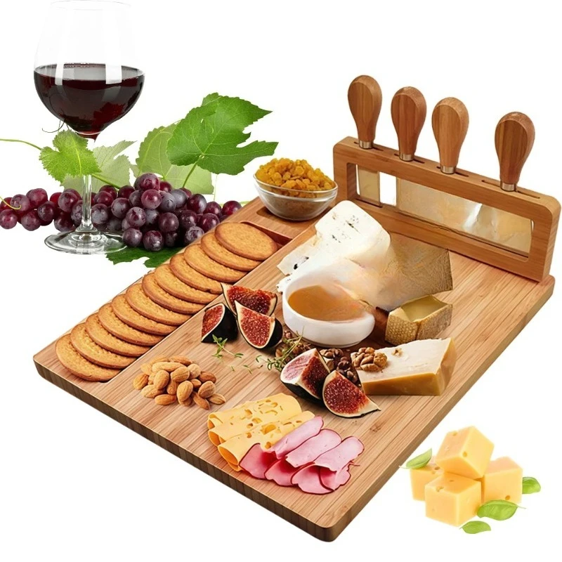 

Extra Large Bamboo Charcuterie Set Elegant Wooden Cutting Board Stainless Steel Knife Cheese Meat