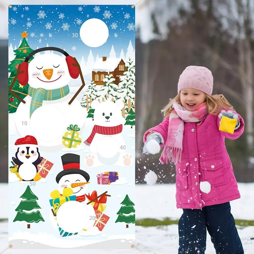 1pc Christmas Party Throwing Games Banner(ONLY BANNER), 75x135cm Snowman Bean Bags Toss Game Outdoor Polyester Flag Banner