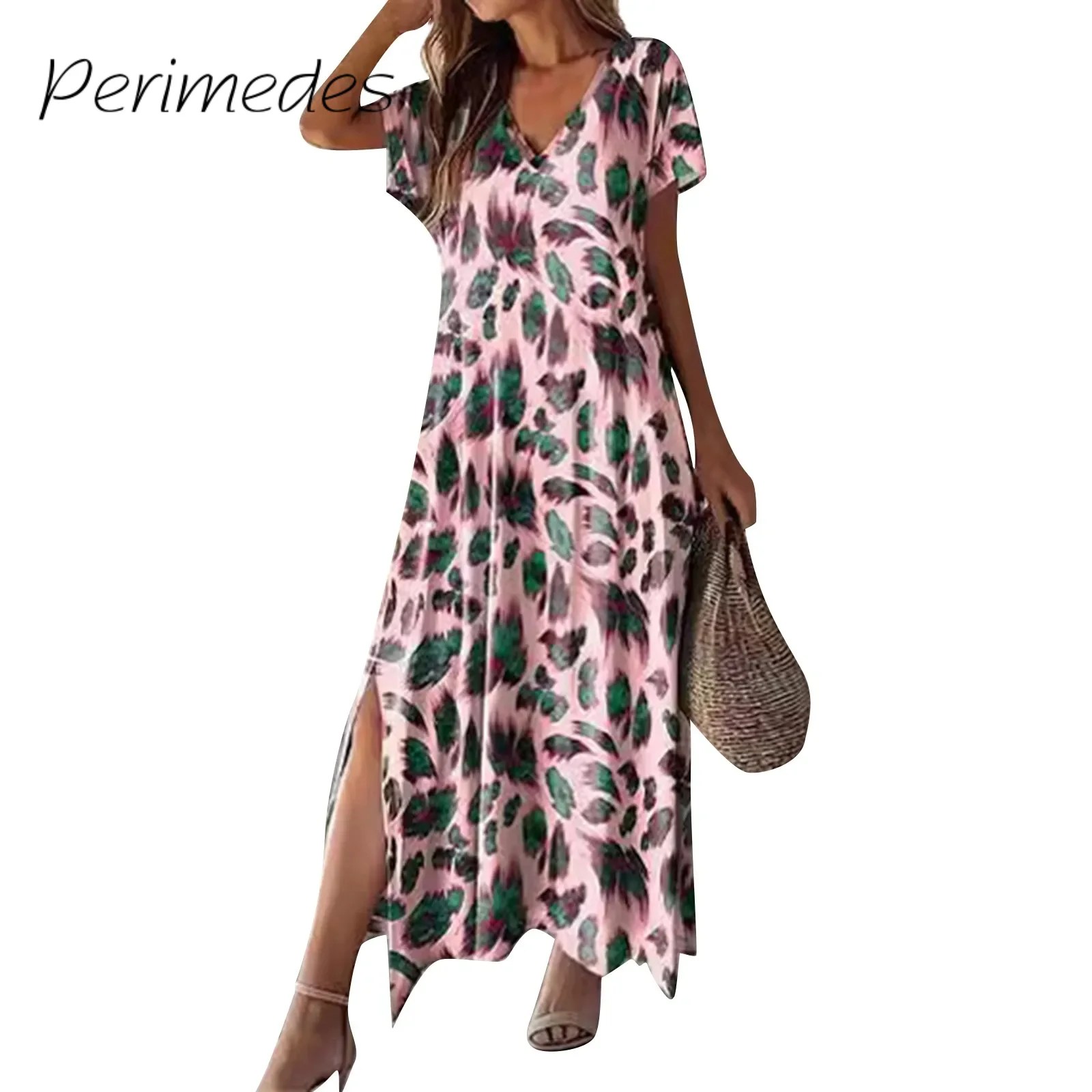 

Vestidos Fashionable Dress For Women Loose Digital Printed V-Neck Maxi Dress Slit Short-Sleeved Casual Long Dress 2024 Summer