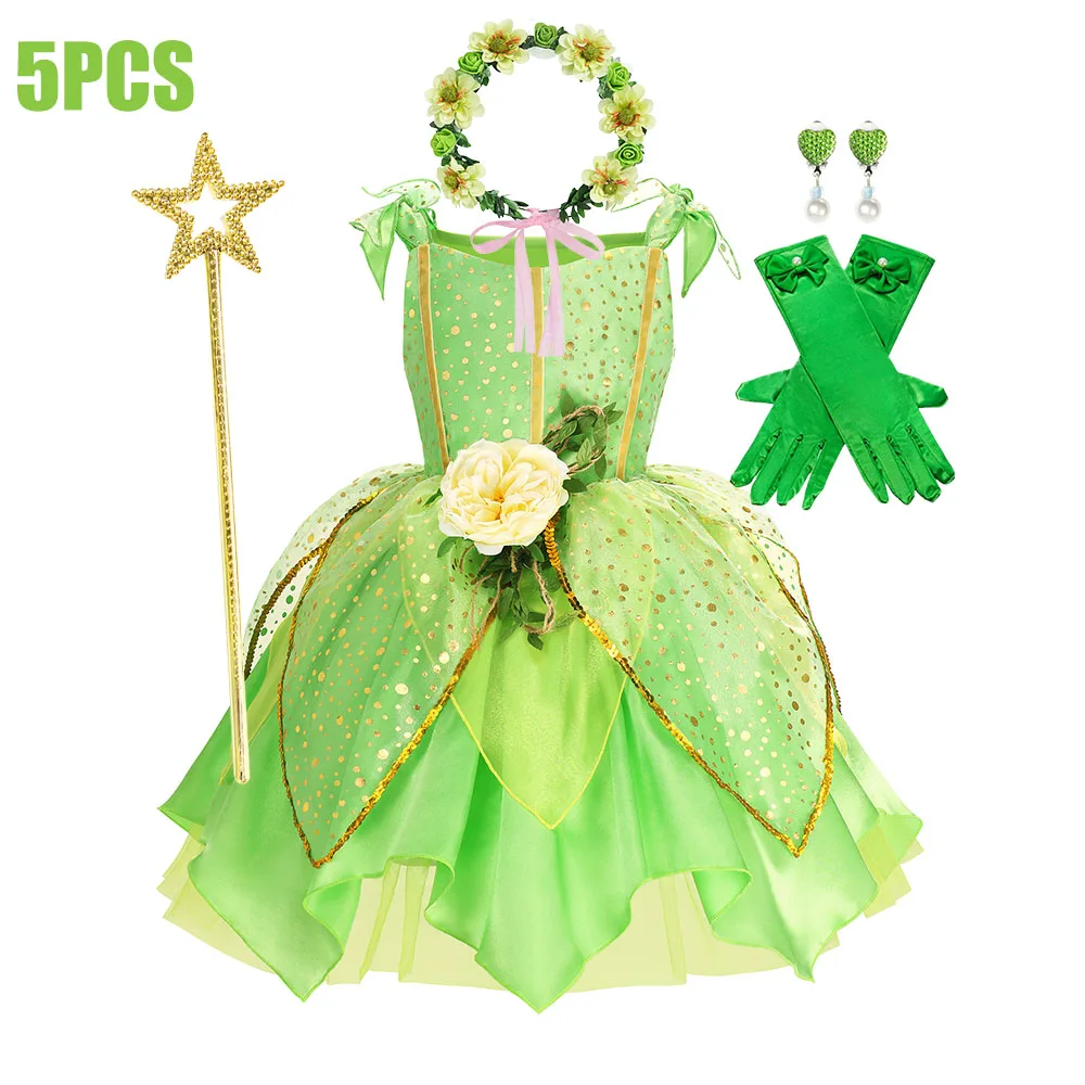 Child Girl Bell Costume Halloween Costume for Kids Green Dress Fancy Fairy Princess Cosplay Carnival Party Ball Gowns with Wing image 4
