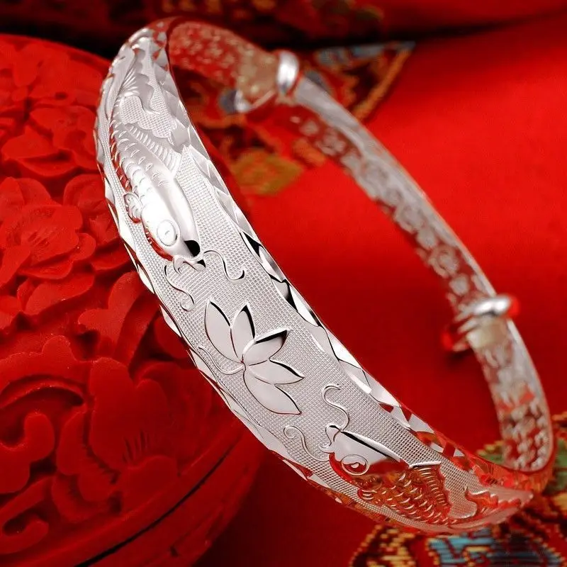 Hot Charm Trend Sterling Silver Pisces Play Lotus Bracelets Bangle for Women Classic Fashion Party Wedding Jewelry Gifts