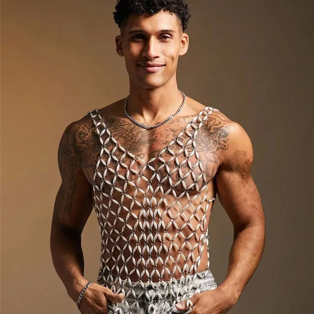 

Men's Pearl-Embellished Performance Wear Sexy Music Party Vest Influencer Rap & Rock Stage Battle Garment Lace-Up Statement Top