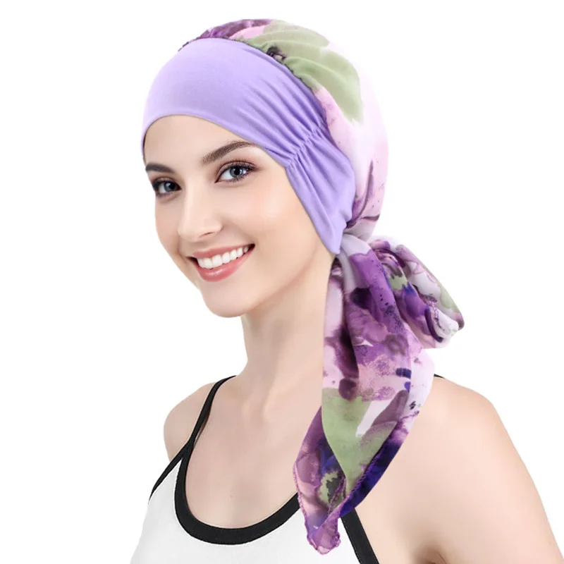 

New Women Elastic Flower Print Head Scarf Pre-Tied Turban Beanies Skull Covers Cap Elegant Breathable Hijab Sleep Hats