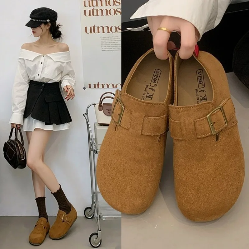 Women Suede Closed Back Birken Shoes Square Metal Buckle Round Toe Soft Sole Retro Casual Flat Daily Footwear For Ladies - view 2