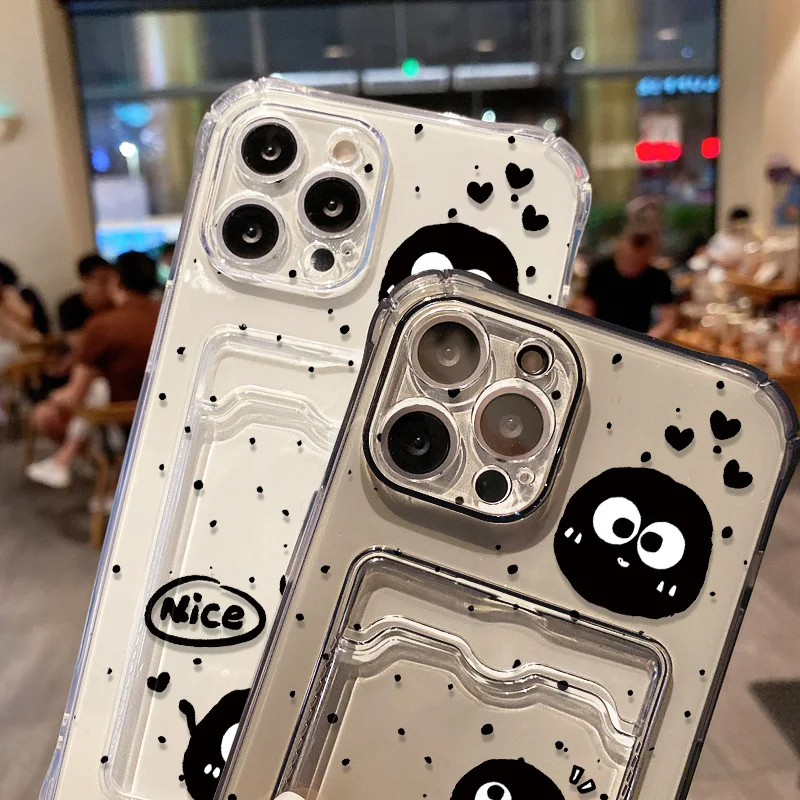 Korean Cute 3D Cartoon Black Briquettes Wallet Phone Case For iPhone 16 15 14 13 11 12 17 Pro Max 7 8 Plus SE Card Holder Cover