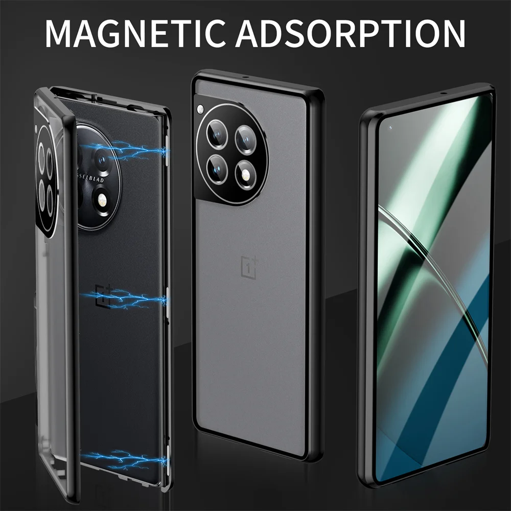 Schokbestendige Magnetische Metalen Pantserbehuizing Voor Oneplus 12 11 Case Aluminium Frame Gehard Glas Cover Funda Voor Oneplus 11 12 Case