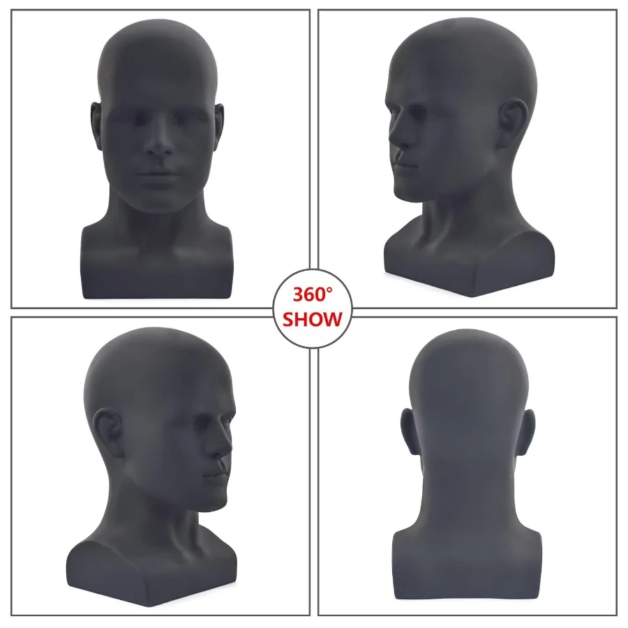 หุ่นโชว์ศีรษะชาย PVC สีดำด้าน สำหรับวิก หมวก หูฟัง คอนโซลเกม และเครื่องประดับ โชว์สินค้า สมจริง