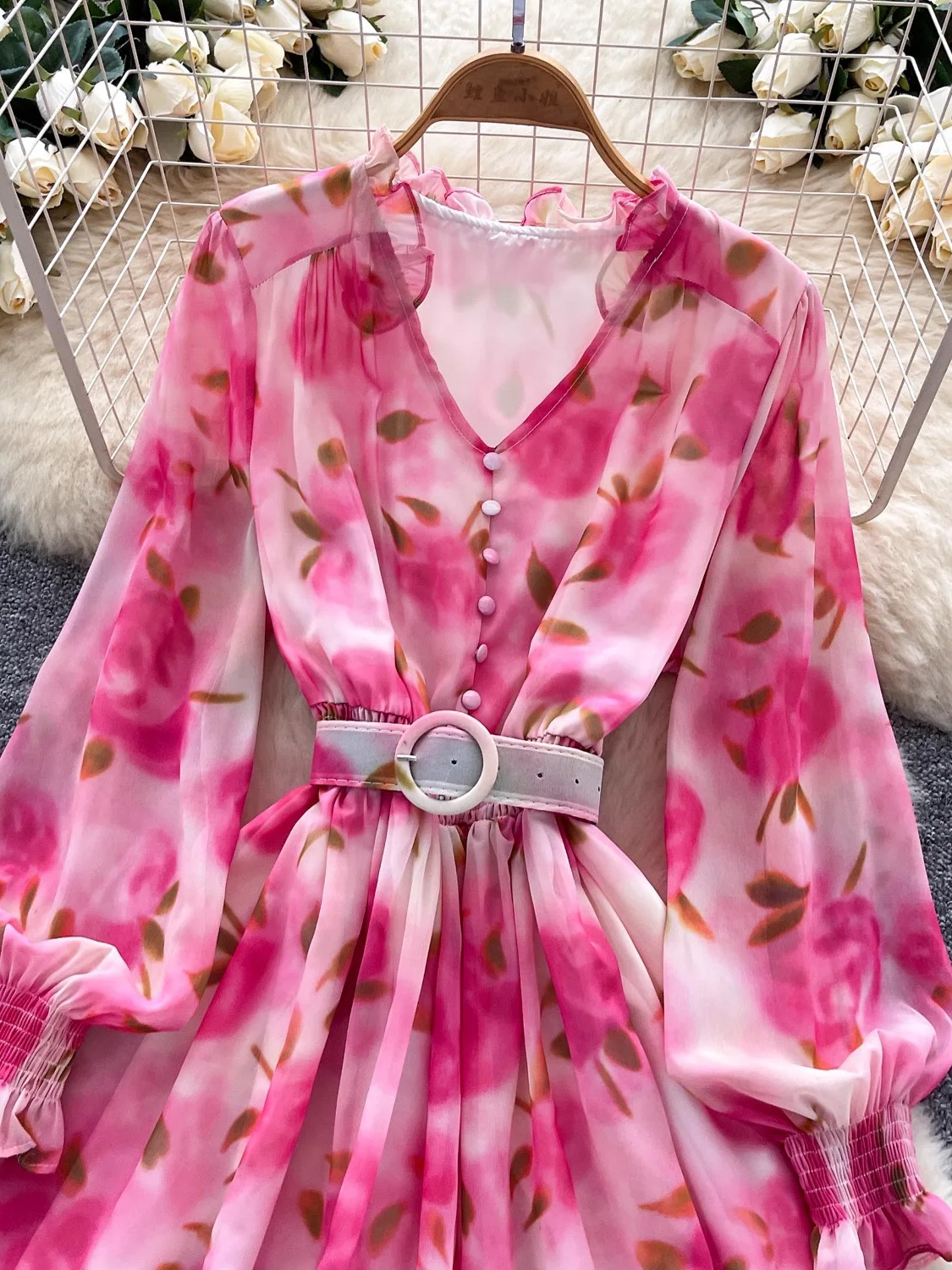 الخريف خمر المرأة المطبوعة فستان قصير أنيق فانوس كم طويل كشكش الخامس الرقبة ألف خط Vestidos عطلة الشاطئ موضة جديدة