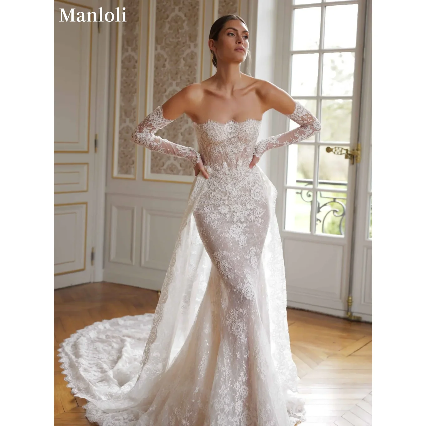 

Elegant Strapless Lace Mermaid Wedding Dress Back Zipper and Detachable Sleeves Train Bridal Dress Customization