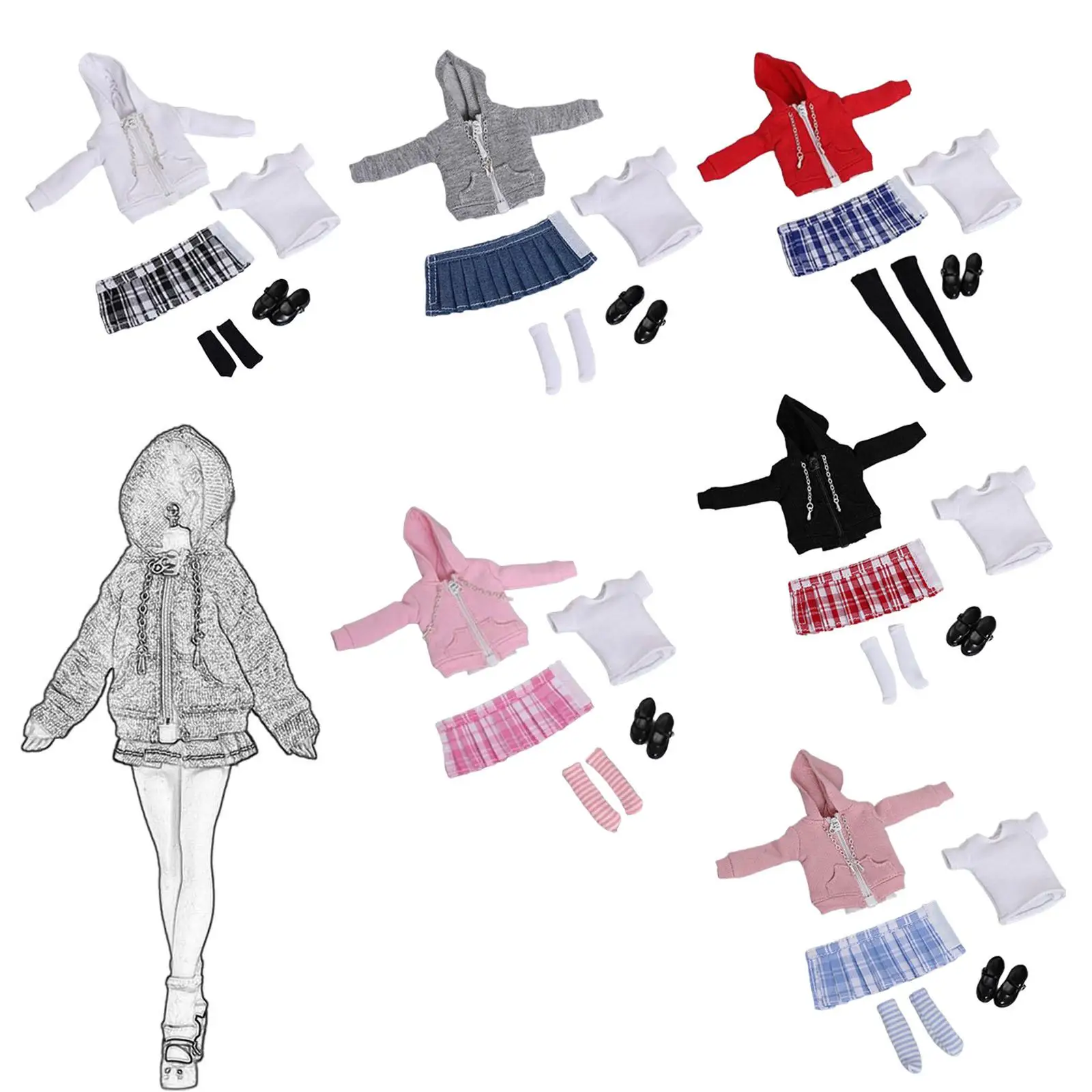Ensemble de vêtements de figurine à l'échelle 1/12, Kits d'uniforme de poupée, maison de jeu, manteau décoratif à la mode, jupe, sweat à capuche avec fermeture éclair, cadeaux pour salle d'étude