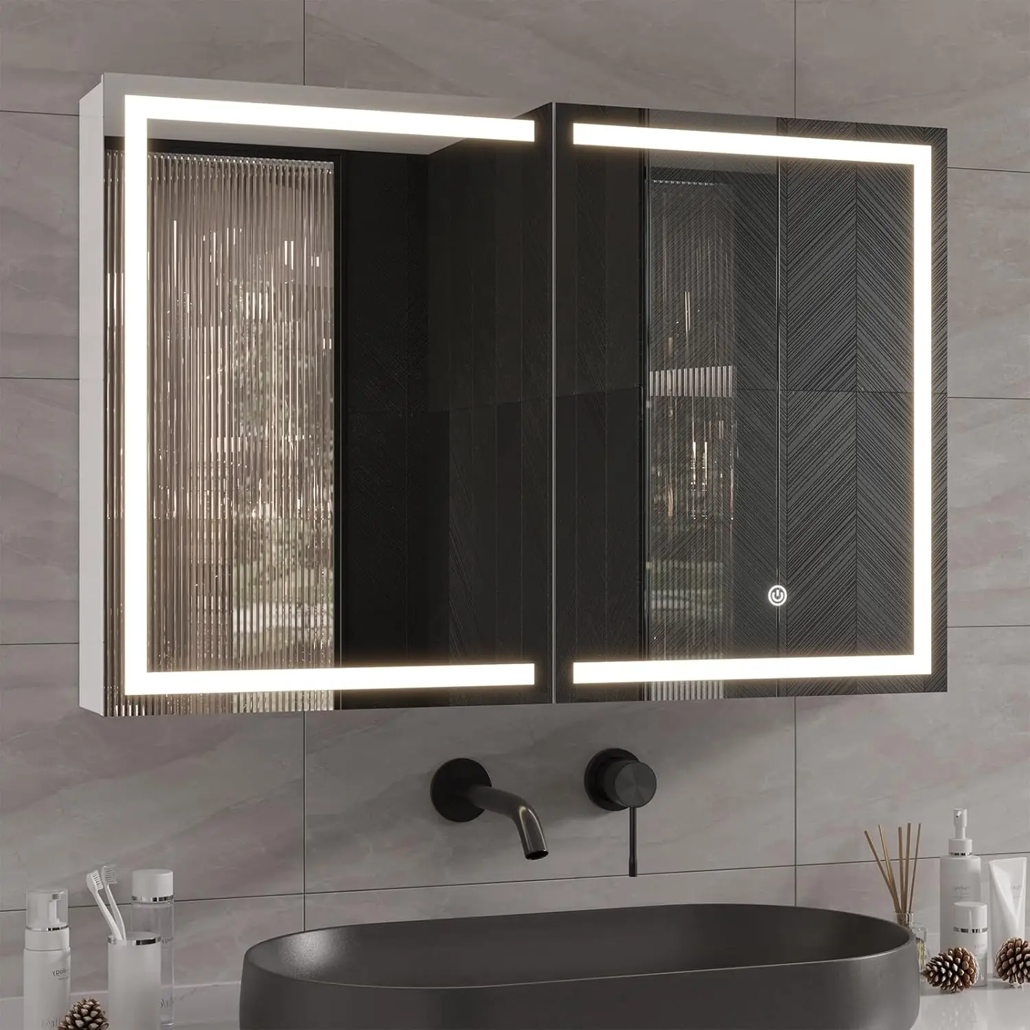 

Medicine Cabinet with Mirror and LED Light, Wall Mounted Bathroom Mirror with Storage, 3 Doors Bathroom Wall Cabinet, Me