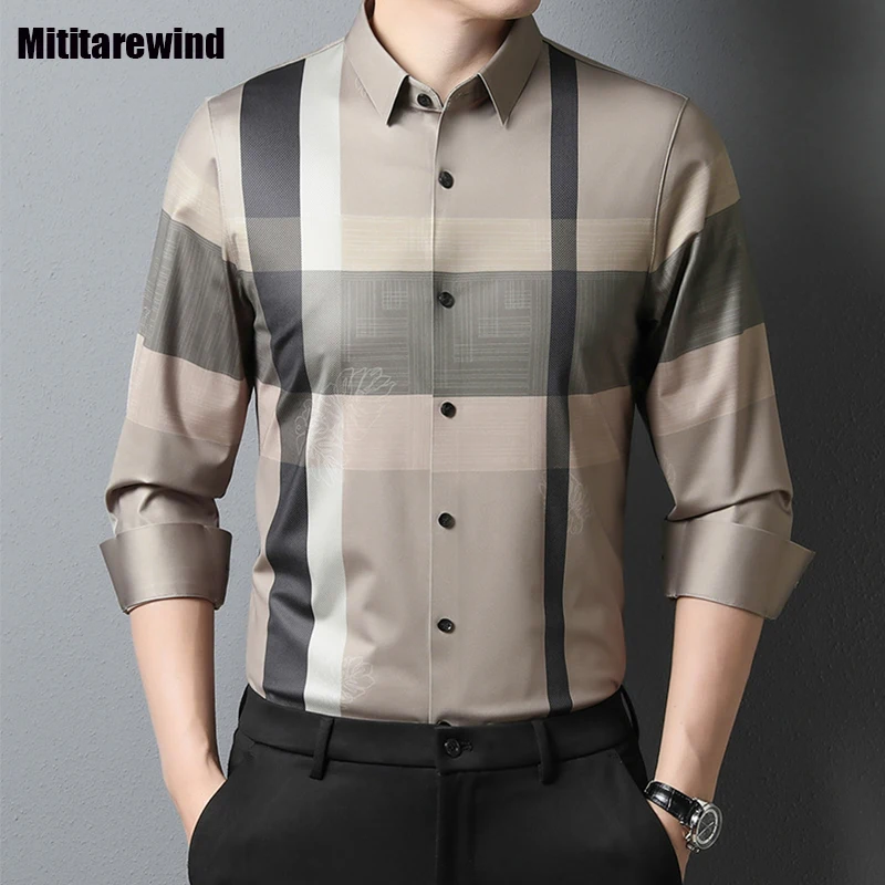 

Korean Fashion Mens Long Sleeve Shirt Spring Summer Seamless Shirts Male Lapel Plaid Button Up Shirt Office Mens Shirts Luxury