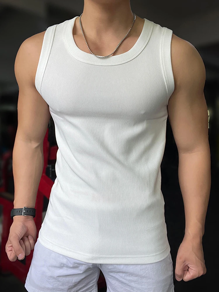 Sports Training Slim Fit Stretch Tank Tops Mens Summer Breathable O Neck Camisoles Men Casual Solid Color Sleeveless Ribbed Vest