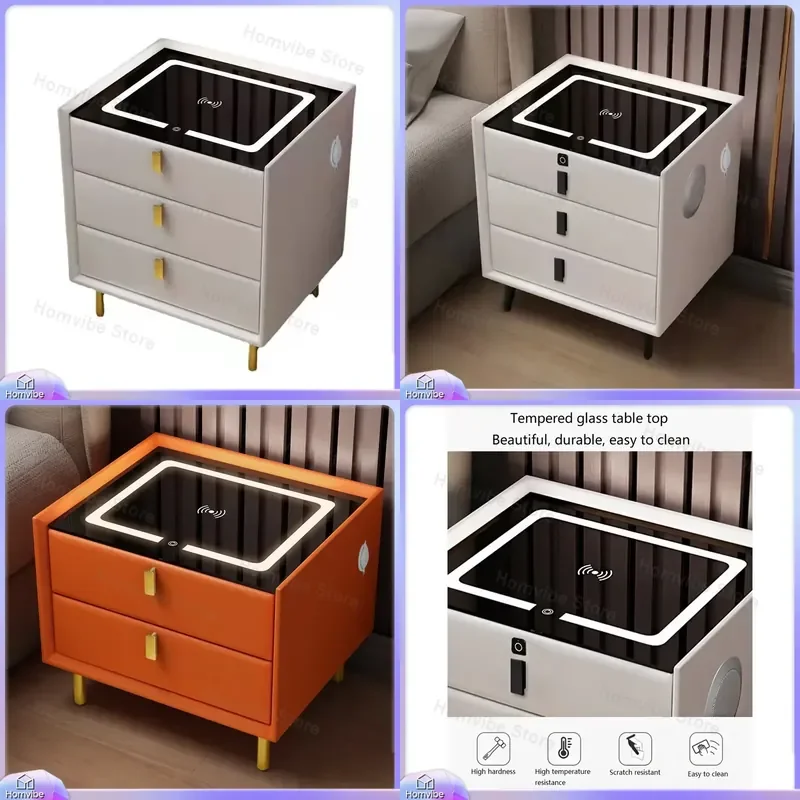Modern Minimalist Solid Wood Bedside Table with USB Charging Port Lamp Holder Speaker Smart Nightstand for Bedroom Home