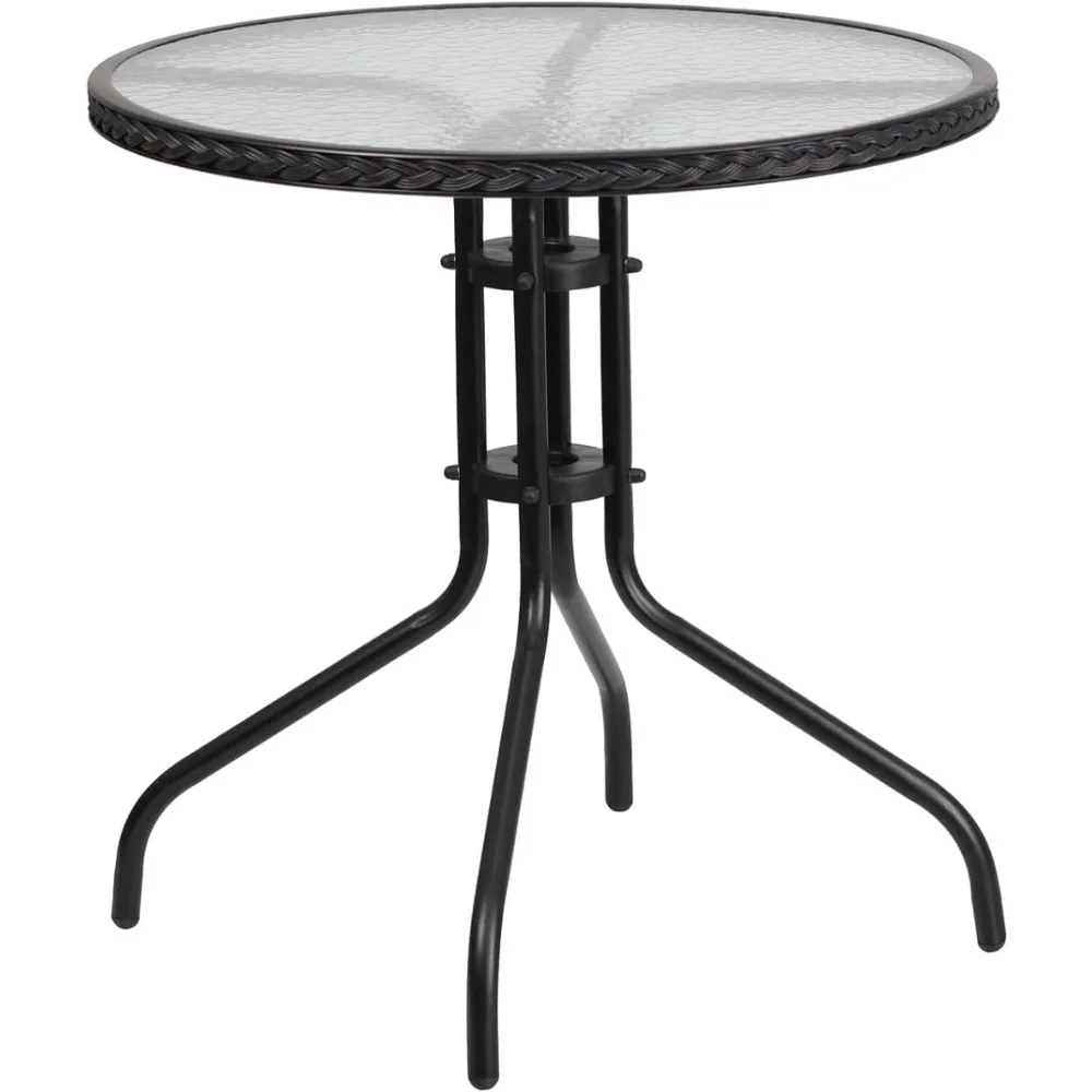 

28'' Round Tempered Glass Metal Table with Black Rattan Edging