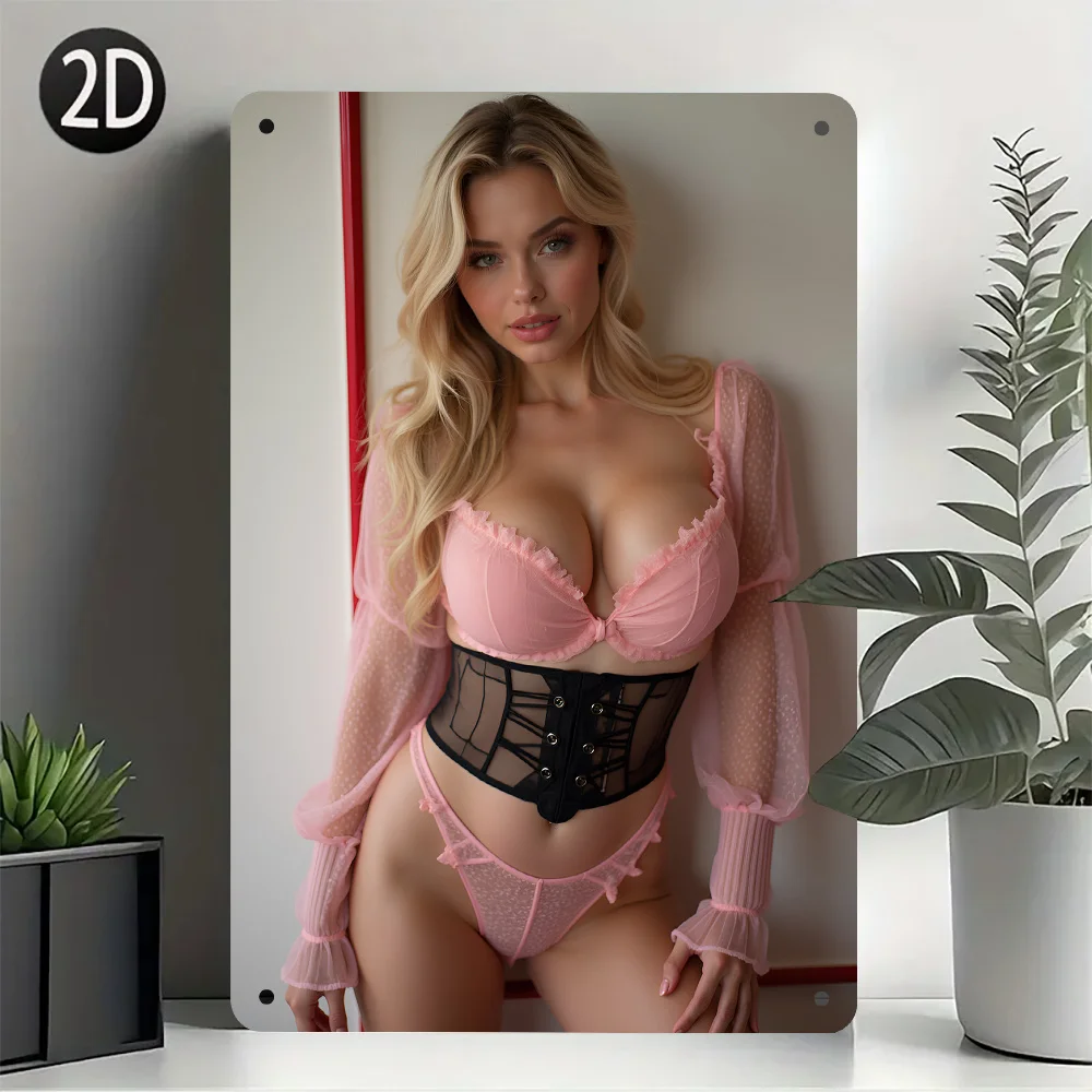Blonde Pink Lingerie Corset Portrait Metal Tin Sign Man Cave Bedroom Wall Decor Art