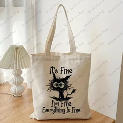 Im Fine tutto va bene Cartoon Funny Cat Tote Bag, borsa a tracolla in tela leggera, borsa Versatile borsa per la spesa riutilizzabile