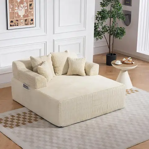 58" Chaise Lounge Chair Indoor, Beige - Oversized Corduroy Boneless Sleeper Sofa Bed with Armrests and 4 Pillows,, Customized