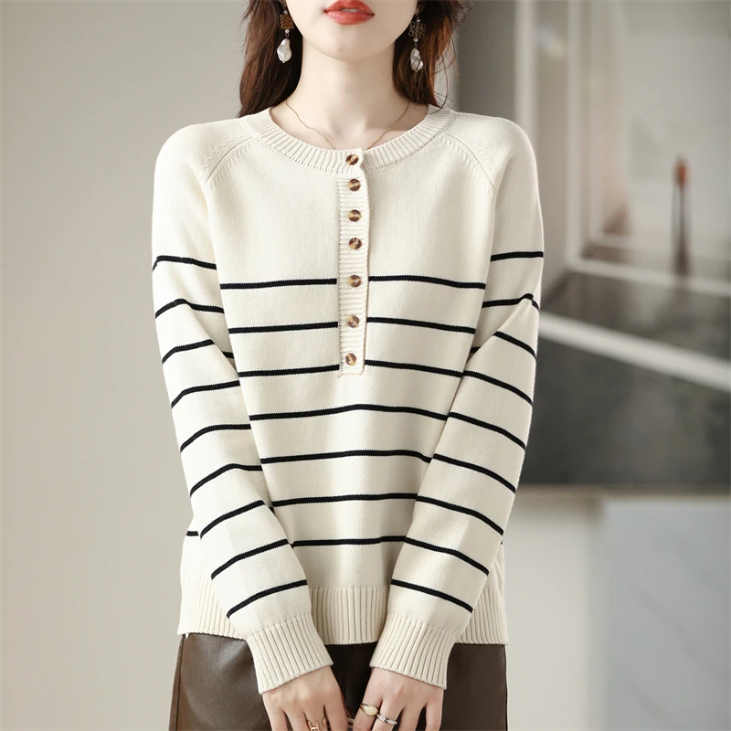 

Women's Long-Sleeve Pullover Striped Sweater Pure Cotton Autumn Winter Warm Comfortable Casual Knitwear-GH553