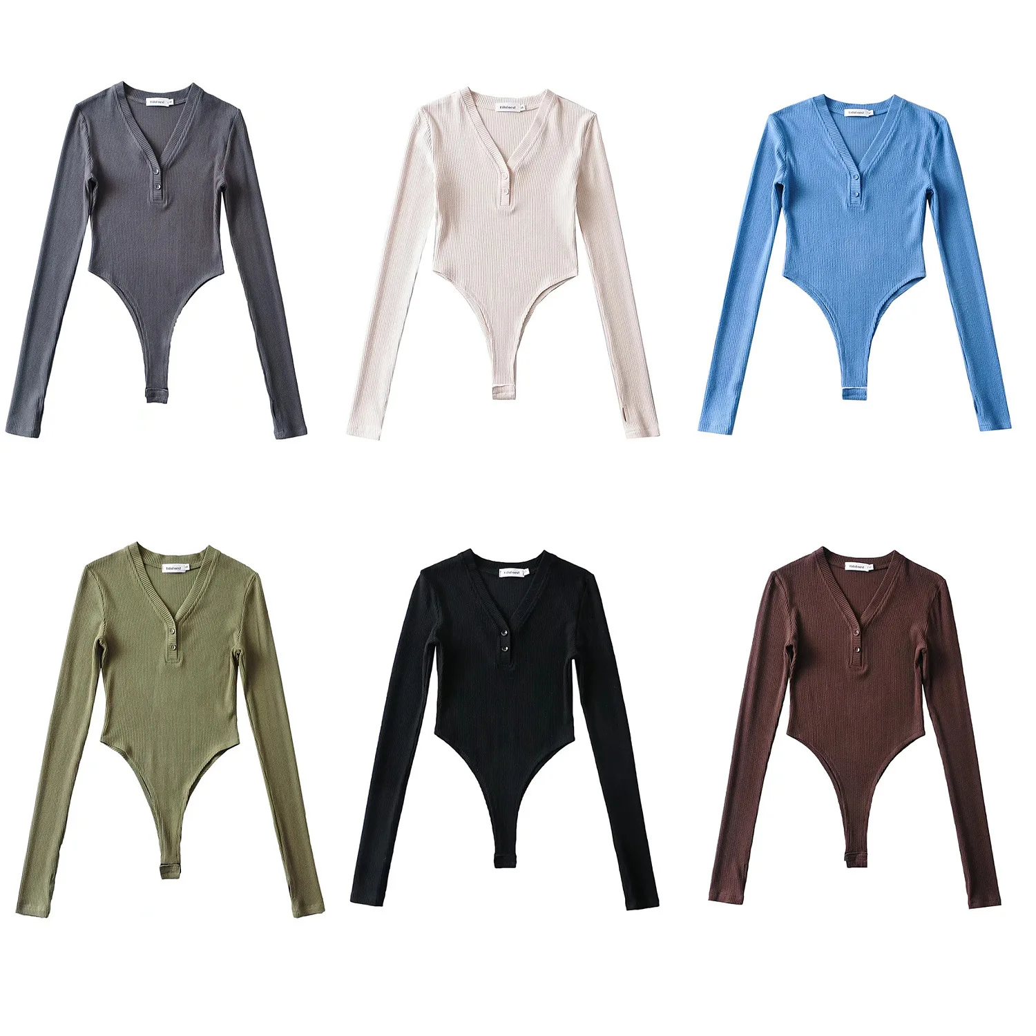 Dave&di V-neck Button Down Jumpsuit Women's Autumn Elastic Tight Sexy Thread Long Sleeved T-shirt