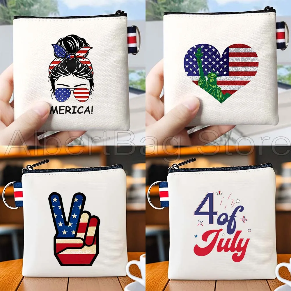 

USA American Flag 4th of July Heart Flag Statue of Liberty Gift Canvas Coin Purse Small Key Storage Card Bag Cotton Wallet Pouch