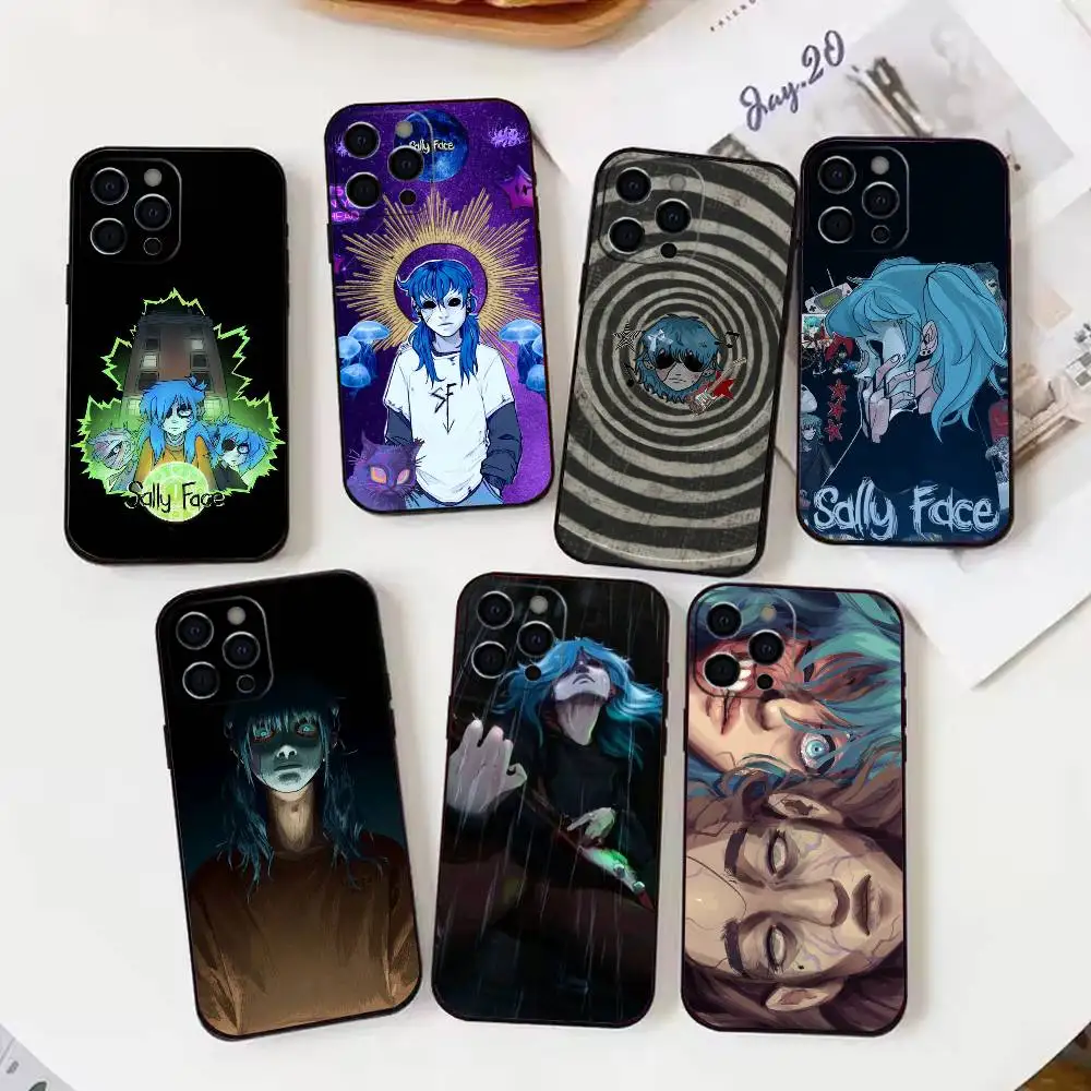 حافظة هاتف كارتون S-Sally Face SF لهاتف iPhone17,16,15,14,13,12,11 Plus، Pro Max غطاء أسود ناعم