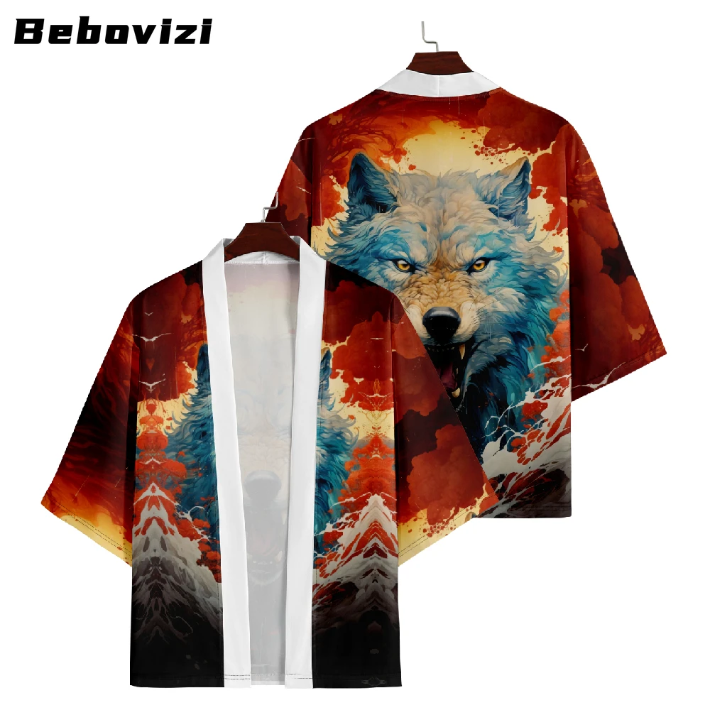 

Women Harajuku Cardigan Haori Japanese Style Anime Wolf Print Cosplay Kimono Summer Beach Men Yukata Samurai