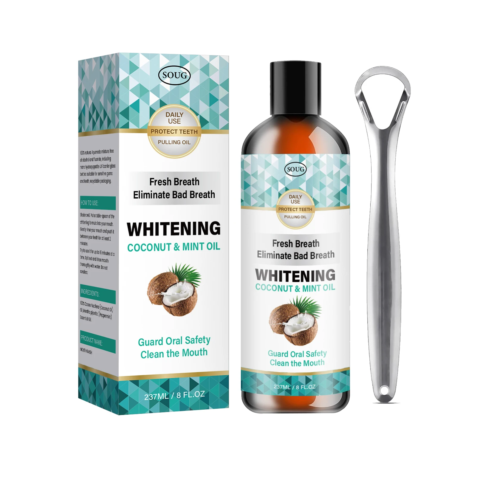 

237ML Coconut Mint Pulling Oil Mouthwash Kit with Tongue Scraper Fresh Oral Breath Odor Removal Whitening Tool Mouth Care
