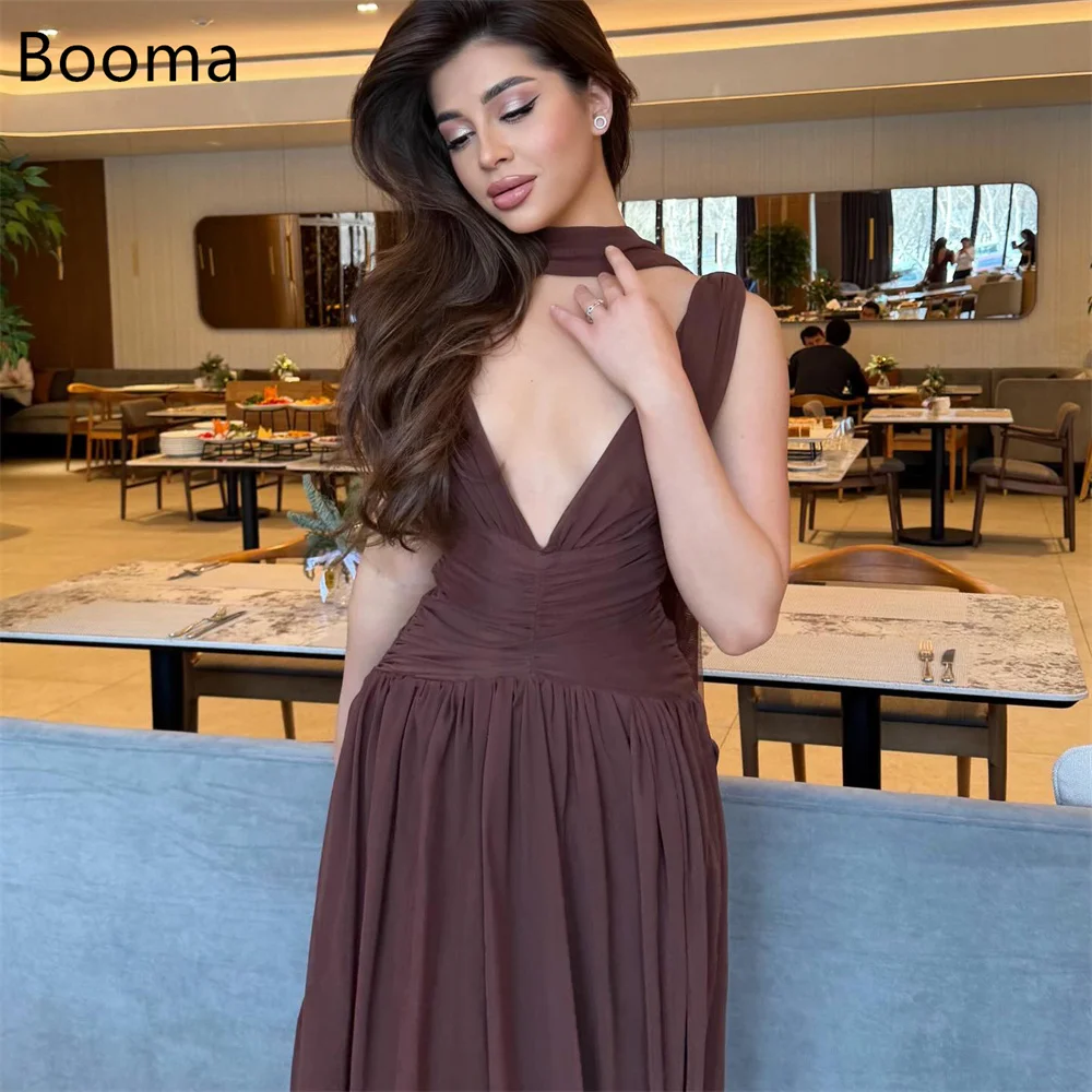 

Booma A-Line V-Neck Pleat Brown Elegant Evening Dresses Long Formal Dresses for Women Simple Sleeveless Prom Gowns Custom Made