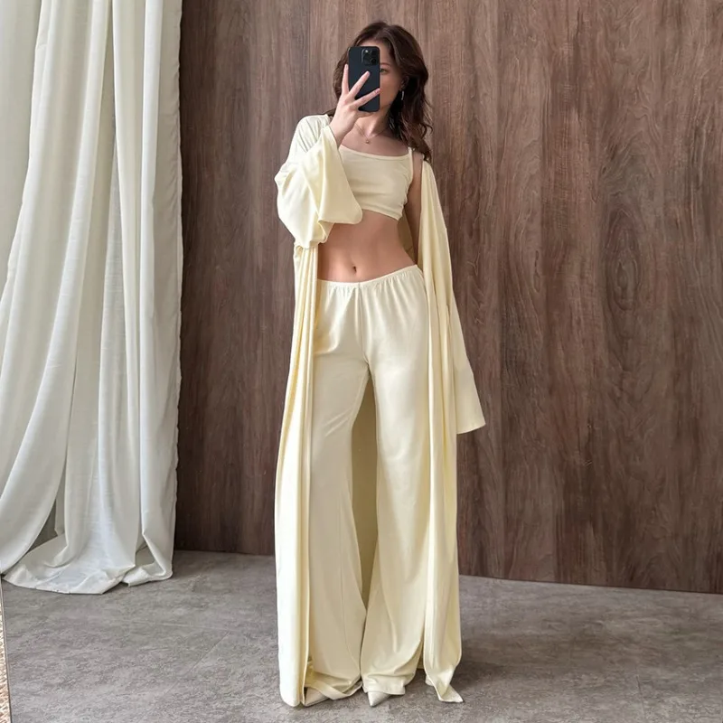New Autumn Collection Women's Long Sleeve Underwear Trousers Pajamas Versatile 3 Piece  Knitted Lounge wear Set Outdoor Wear