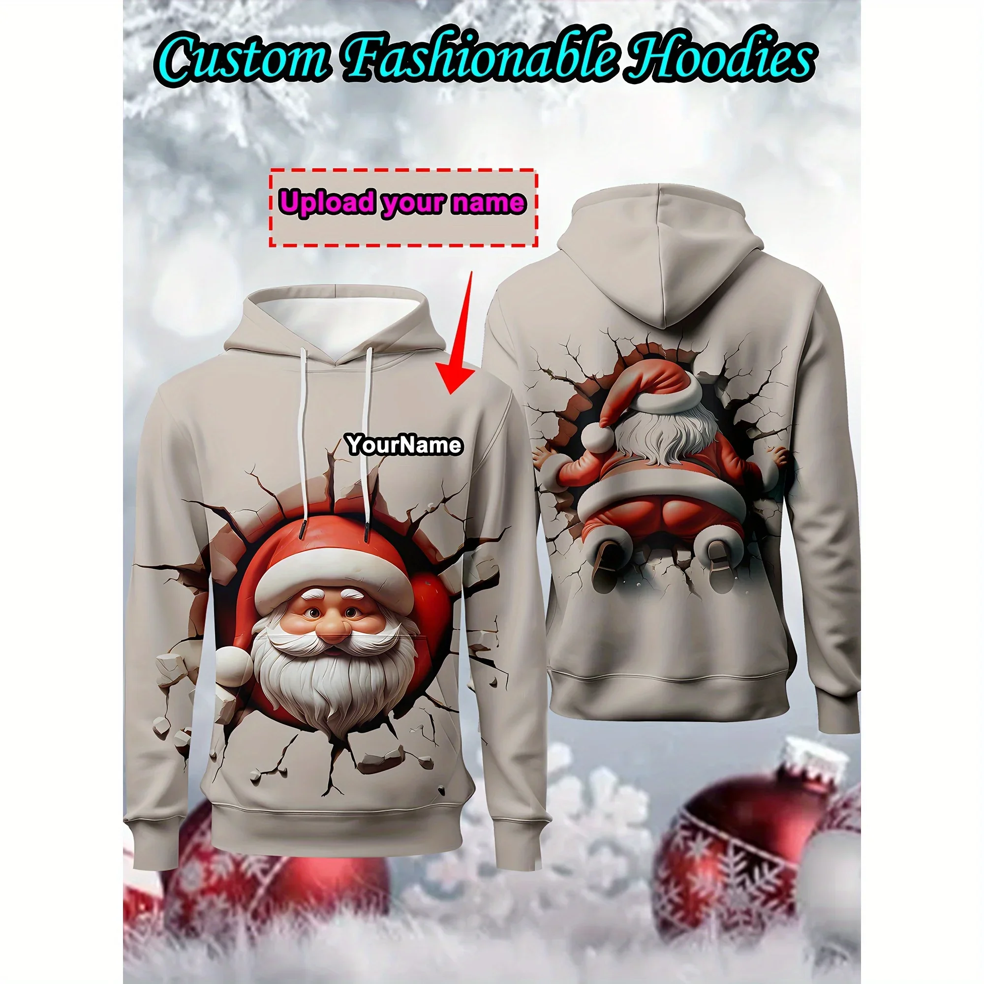 

3D Santa Claus Print Men's Hoodies Custom Name Sweatshirts Autumn and Winter Casual X'mas Clothing Fashion Loose Christmas Tops