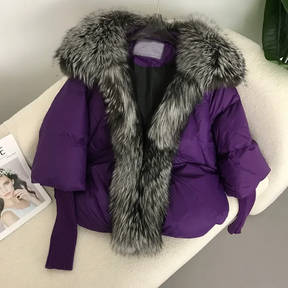 Down Jacket Women  Autumn Winter 2024 New White Duck Down Jacket Fur Coat Spliced Fox Fur Coat Detachable Raccoon Fur Warm