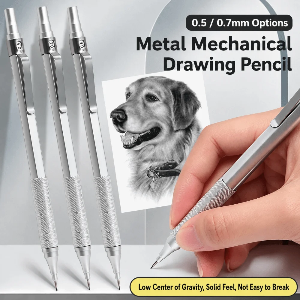 Durable Metal Mechanical Pencil 0.5/0.7mm Break Resistant Automatic Pencil Set Low Center of Gravity HB Lead Pencil Sketching