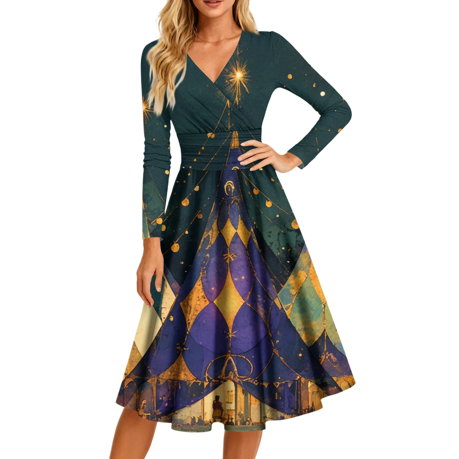ชุดเดรสแม็กซี่พิมพ์ลายคาร์นิวัลชุดเดรสแฟชั่นลำลองของผู้หญิงแขนยาวคอวีชุดเดรสกระเป๋าเซ็กซี่สำหรับฤดูใบไม้ผลิและฤดูใบไม้ร่วงสวมใส่ทุกวัน