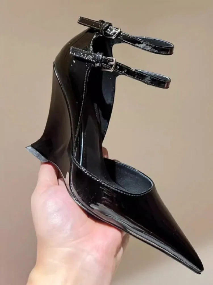Sexy Women Red Pointed Toe High Heels Wedges Sandals Split Leather Ankle Strap Shoes Runway New Designer Summer Party Sandals