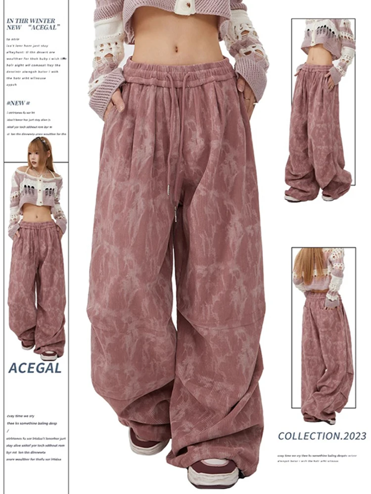 Vintage Wide Leg Trousers Straight Pants Loose Corduroy Pants Elastic Waist Relaxed Drawstring Casual Sweatpants