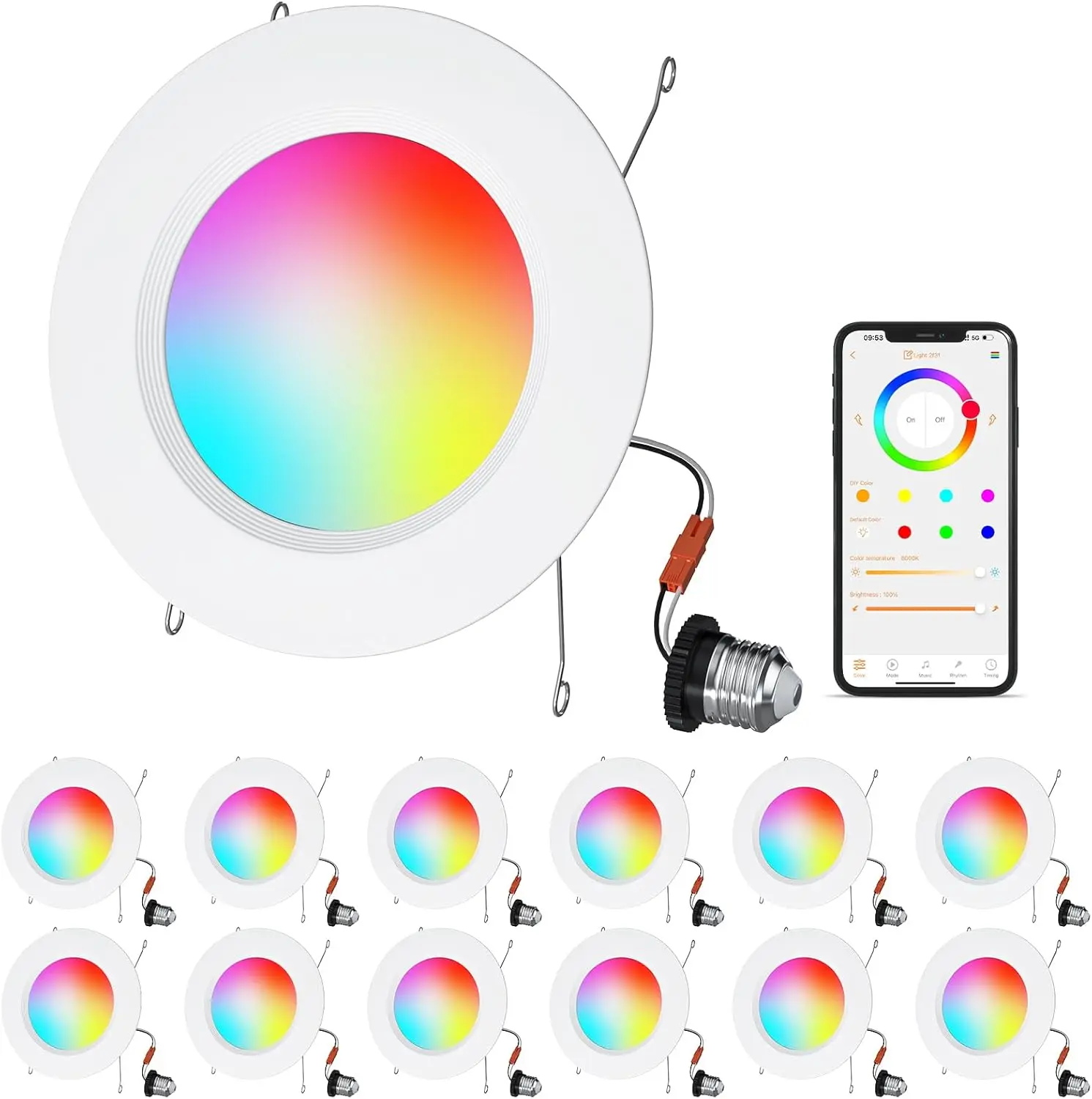 

Smart Color Changing LED Recessed Lights, 12-Pack, Alexa Compatible, Bluetooth Control for Home
